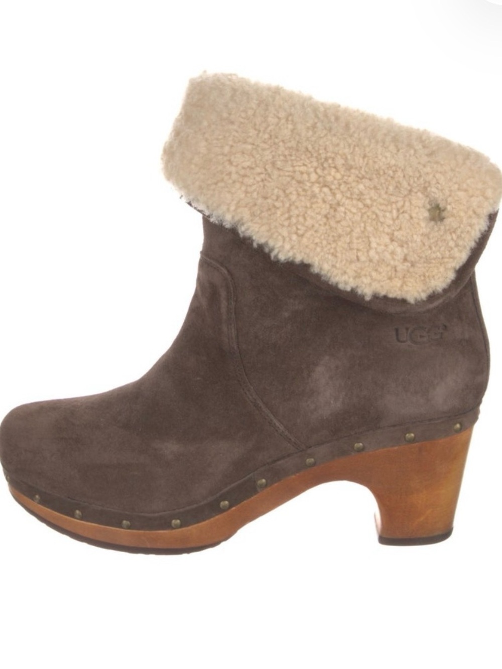 UGG Lynnea Clog Boots | Brown Suede & Shearling Heeled Ankle Boots Women’s 8